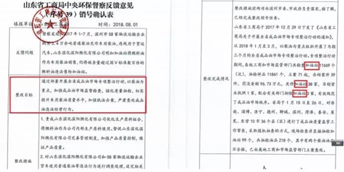 2018年11月1日，中央第三生態(tài)環(huán)境保護督察組進駐山東省開展“回頭看”。通過對相關部門走訪問詢，并抽查有關企業(yè)，發(fā)現(xiàn)山東省物流運輸企業(yè)違規(guī)使用普通柴油或其他高硫分燃油問題依然十分突出，柴油貨車尾氣污染嚴重。  一、基本情況  《大氣污染防治法》明確，禁止向汽車和摩托車銷售普通柴油以及其他非機動車用燃料。第一輪中央環(huán)保督察反饋指出，山東省以普通柴油替代車用柴油的情況較多，濱州等地市大量物流運輸企業(yè)違規(guī)使用普通柴油，尾氣污染問題突出。  為此，山東省整改方案要求，杜絕違規(guī)使用普通柴油的情況，并明確由原省工商局負責部署推進相應整改工作。原省工商局于2018年8月1日上報山東省環(huán)境保護督察反饋意見整改工作領導小組，聲稱該問題完成整改并銷號。  二、主要問題  督察發(fā)現(xiàn)，原山東省工商局作為整改責任主體沒有認真履行整改職責，未就整改工作進行部署推進，整改任務目標完全落空，全省物流運輸企業(yè)違規(guī)使用普通柴油或高硫分燃油問題依然普遍存在。  （一）違規(guī)售油無人管。督察組抽查3個地市的4家煉化公司，發(fā)現(xiàn)這些煉化公司違規(guī)大量向物流運輸企業(yè)銷售普通柴油或其他高硫分燃油，導致這些柴油大量替代車用柴油使用，污染嚴重。2018年，東營齊潤化工有限公司將3萬余噸硫含量近2000mg/kg的常壓柴油售給物流運輸企業(yè)和加油站，墾利石化有限公司也將3萬余噸硫含量2000-3000mg/kg的燃油售給相關物流運輸企業(yè)和加油站，硫含量最高超標約300倍。2017年中央環(huán)保督察以來，山東匯豐石化集團有限公司將近40萬噸普通柴油銷往多家物流運輸企業(yè)，濰坊市昌邑石化有限公司將5萬余噸國Ⅳ和國Ⅴ的普通柴油售給物流運輸企業(yè)?，F(xiàn)場抽查發(fā)現(xiàn)，物流運輸企業(yè)多數(shù)在自身停車場內(nèi)私自安裝加油裝置，將所購違規(guī)油品自用，昌邑市盛宏物流有限公司甚至違法轉(zhuǎn)售其他社會車輛。   圖1 昌邑市盛宏物流有限公司在停車場內(nèi)私設加油裝置  （二）督察整改做樣子。原省工商局作為督察整改的責任主體，接受任務時服從安排，實際整改時做做樣子。督察反饋明確指出問題主要是煉化公司違法向物流運輸企業(yè)銷售普通柴油替代車用柴油使用，導致汽車尾氣污染。但原省工商局等部門整改時僅部署對加油站和成品油倉儲批發(fā)企業(yè)的檢查，沒有將煉化公司到物流運輸企業(yè)的黑色鏈條作為查處對象。整改工作指東打西，真正問題沒有觸及。另外，整改方案明確的目標是“強化日常監(jiān)督管理，杜絕違規(guī)使用普通柴油”；但原省工商局擅自在銷號材料中將目標改為“針對加油站開展專項整治行動”，以此蒙混過關，虛假銷號。   圖2 原省工商局在銷號確認表上弄虛作假  （三）執(zhí)法監(jiān)管走過場。2017年以來，山東省各市共打擊取締非法加油點近2000家，但僅對涉案物流運輸企業(yè)進行了處罰，未能以此為線索追根溯源，對源頭煉化公司違規(guī)售油問題進行查處，煉化企業(yè)到物流運輸企業(yè)的黑色鏈條始終未被斬斷。  一些煉化企業(yè)長期游離于監(jiān)管之外，缺乏對法律的敬畏。2018年8月，生態(tài)環(huán)境部調(diào)研發(fā)現(xiàn)中國化工集團山東昌邑石化有限公司涉嫌違法生產(chǎn)銷售國Ⅳ普通柴油，但在進一步調(diào)查時，企業(yè)拒絕配合，不提供相關臺賬，并臨時編造相關記錄。“回頭看”進駐后，督察組再次現(xiàn)場檢查，要求企業(yè)提供儲運臺賬，企業(yè)依然拒絕提供，并繼續(xù)編造謊言，提供虛假材料，性質(zhì)十分惡劣。  對此，濰坊市查處不嚴不實，甚至試圖蒙混過關。在督察組兩次督導后，查處工作依然走過場，在未調(diào)度企業(yè)生產(chǎn)記錄和儲運臺賬等關鍵證據(jù)的情況下，即采信企業(yè)說法，甚至未調(diào)閱生產(chǎn)記錄就作出該企業(yè)2018年未生產(chǎn)銷售國Ⅳ普通柴油的結(jié)論。直到督察組再次督導、進一步明確要求后才加大查處力度，發(fā)現(xiàn)該企業(yè)2018年實際以燃料油名義違規(guī)銷售國Ⅳ普通柴油4萬多噸。  三、原因分析  原山東省工商局不在整改落實中下功夫，反而在整改銷號上動腦筋，表面整改，虛假整改問題突出。  山東省有關地市不敢動真碰硬，對違法銷售不合格油品的黑色鏈條整治不力，未能對油品來源追根溯源，未對煉化企業(yè)的違法行為依法查處。